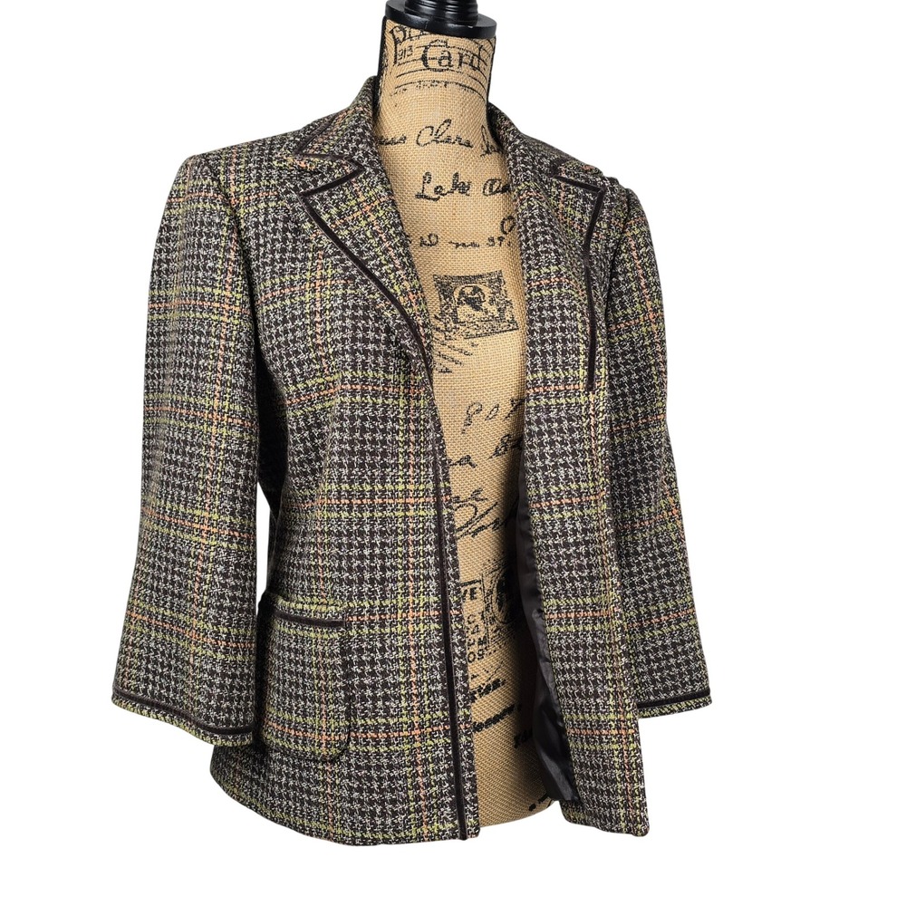 Margaret Frances Houndstooth Tweed Blazer Jacket Women 10 Brown Multi Color Trim